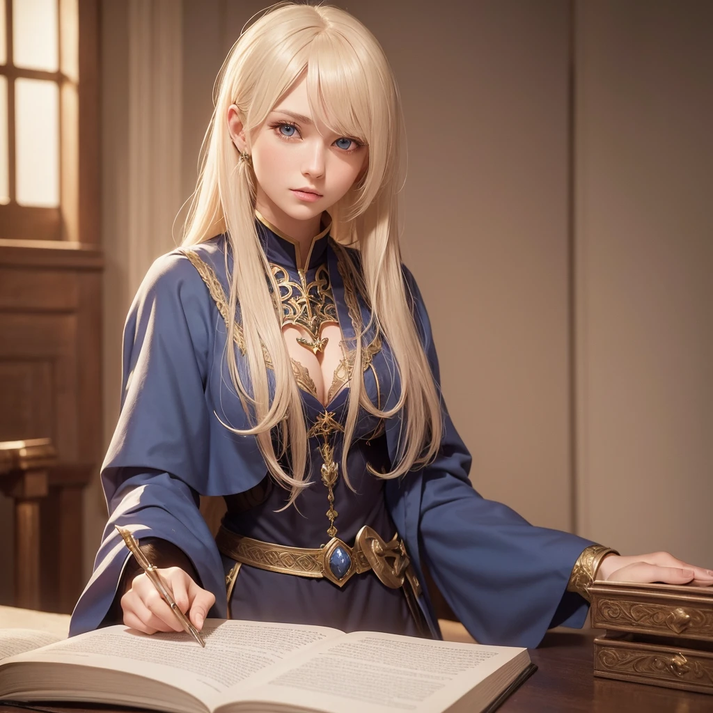 Noble blonde Swedish European twenty years old female adult, mage apprentice, beautiful cleavage, fair but not beautiful, weak, determined, confident, bratty in a magic academy, frail, proud, cleavage