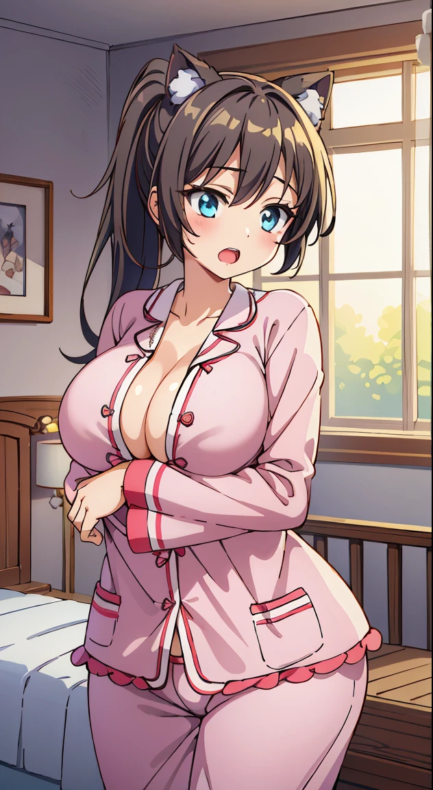 masutepiece,Best Quality,(Absurd realistic structure details),(High resolution complex and detailed text quality),(High-resolution microstructure、High poly 3 boobs boobs boobs boobs boobs D rendering correction),Methods of geometry,Careful explanatory anatomy,
BREAK,
1 beautiful girl, ( girl), Very detailed, colourfull, highest details, BREAK, (Huge breasts: 1. 2,), Clear skin, Beautiful skin, Shy skin, 1 beautiful girl, Brown hair, (Cat ears, Ponytail, medium-Long hair: 1. 2), (Light blue eyes, long eyelashes, Double eyelids: 1. 2),Solo,gleaming skin, Clear skin, Beautiful skin(best quality face),(Top quality glowing eyes),(waking up,sullenness:1.45), BREAK (Pink Theme:1.4), (Vivid colors:1.3), (s Pajamas,with frills:1.45), hugging a teddy bear, Sparkle effect, random colored petals, Many petals, Fluttering petals, prismatic effects,
BREAK,(morning), inside in room,Gothic bedroom, a canopy bed,huge window,naked girl poster,coke,on back, tusk, Open mouth, Looking away,depth of fields,
BREAK,wakame,wakame,wakame,(Cowboy Shot:1.4),
BREAK,(Blurry background:1.3),(absurderes, hight resolution, Super Detail Art),cel shading,Clear Color, Lonely optical effect, Beautiful pictures, Bright glow, mystic atmosphere,(Close-up of girl:1.1), Mystical light particle effect,manga influence, clean line drawings,