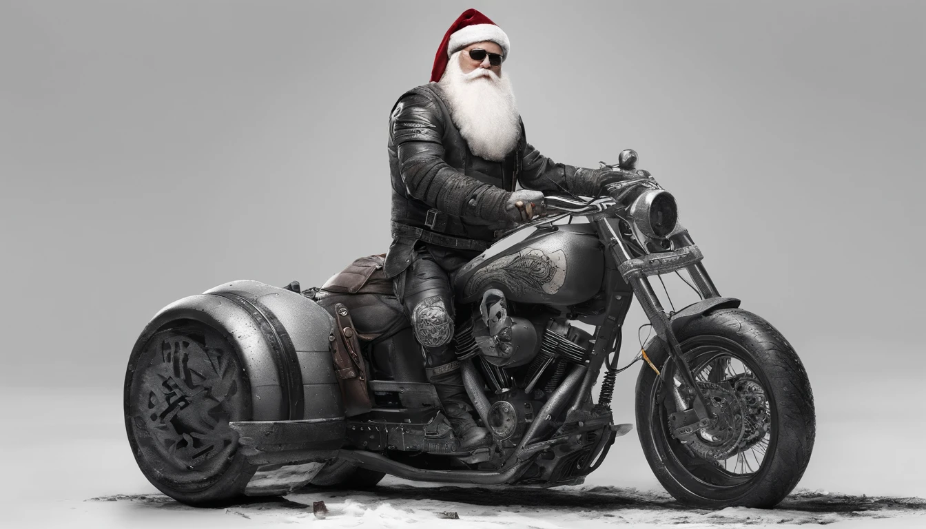 Santa Claus, biker style, with tattoos, but Santa Claus clothes, tattooed, showing his entire body, white background