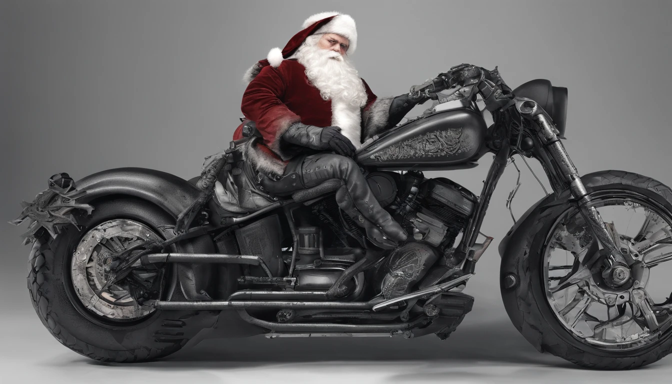 Santa Claus, biker style, with tattoos, but Santa Claus clothes, tattooed, showing his entire body, white background