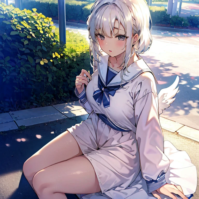 JK Girl,white color hair,Angel Next Door,a sailor suit,Sit on a bench,with a park in the background,Pure and cute type