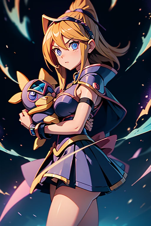 1woman, Dark Magician Girl (Yu-Gi-Oh) Hugging a Stuffed Black and White Pengin, cute Mini-skirt, Magical Girl, Blond Hair,, blue Eyes, Nice breast, Hig details art, Magic Effects, 4k, 8k.