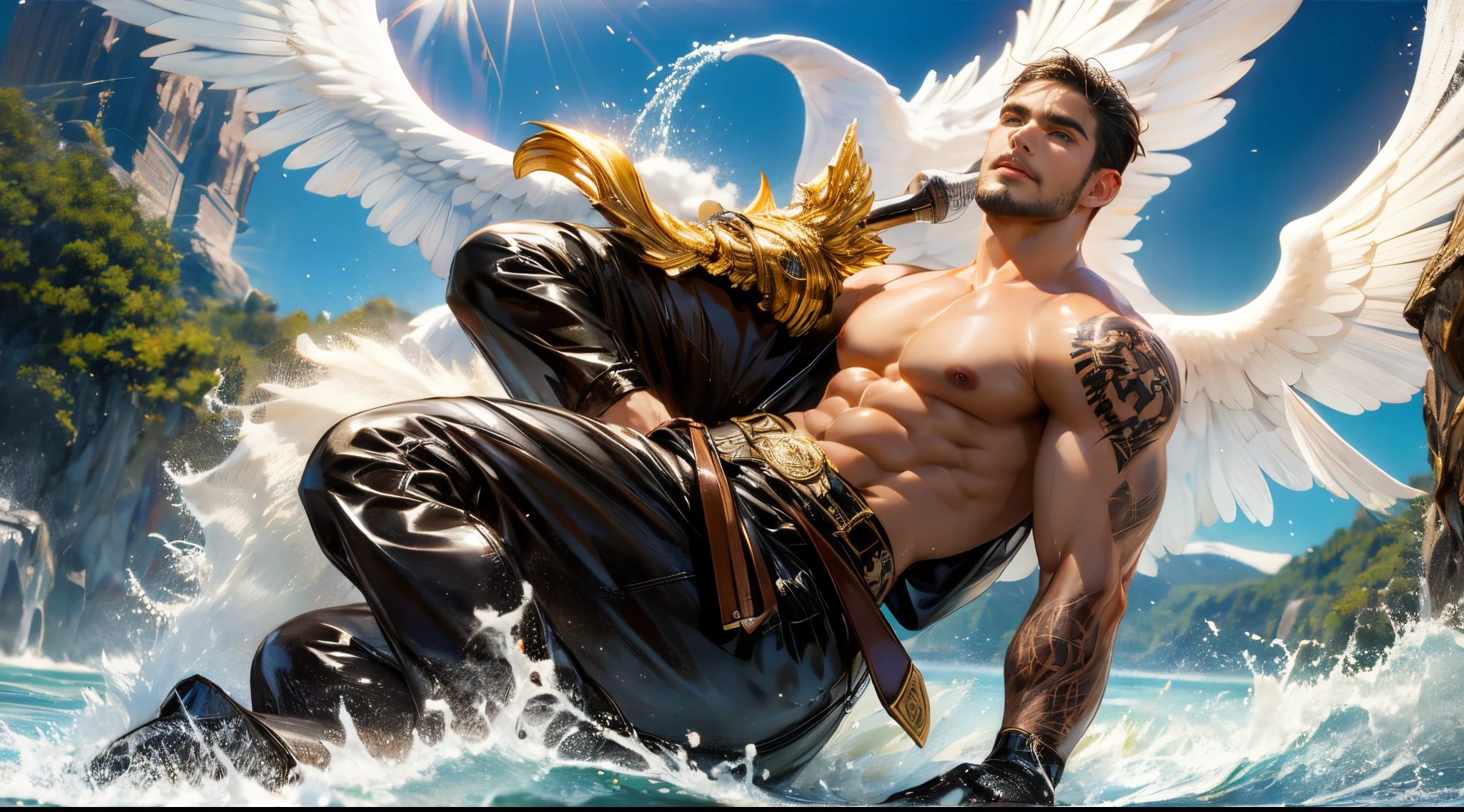 1 protagonist character, young handsome, LatinLover OC, mulatto skin, attractive feature, skin tanned, blue eyes, demanding expression, big white wings coming with the backpack, 2 wings of angel, physical fitness, man long haircut medium, black brown hairstyle, small beard, men's clothes, casual shirt,complete outfit, anatomically correct, full body tattoo´s, environment: street