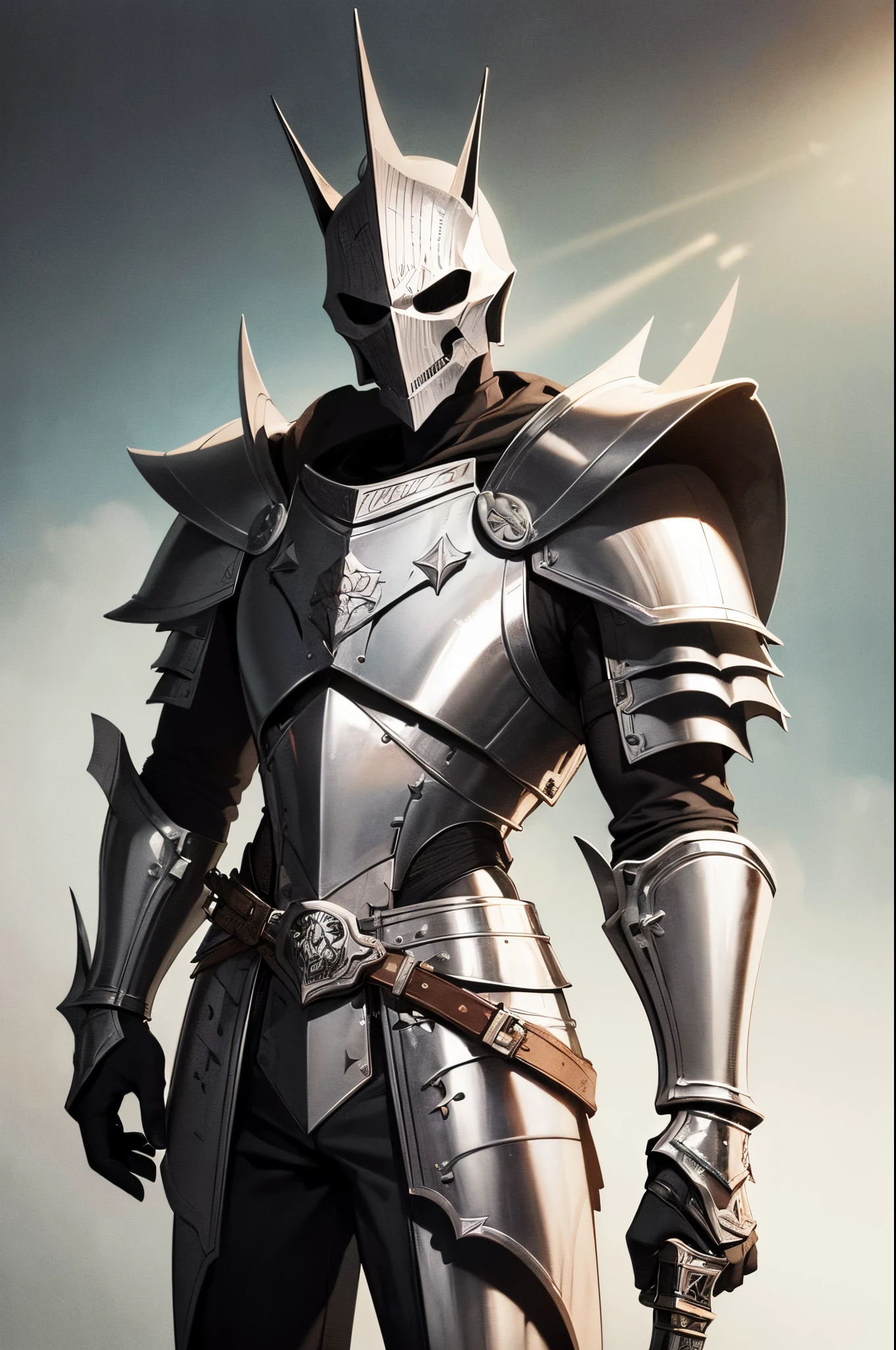 (best quality:1.2,8k,highres,masterpiece:1.2),Knight,skull mask,silver plate armor,holding silver short sword in the right hand,