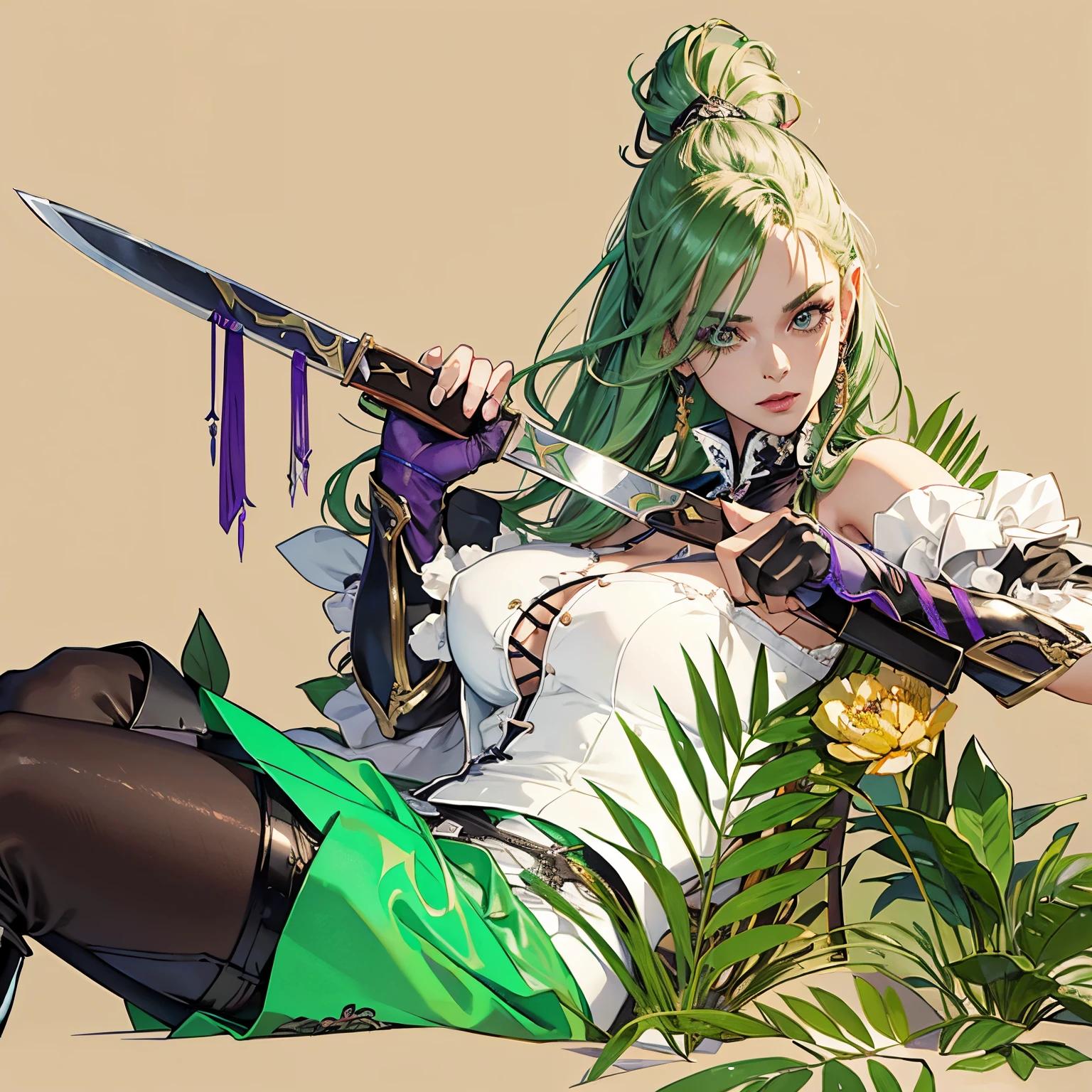 tmasterpiece, Best quality at best, hyper-detailing, CG illustration, Proper shading, Best quality,8K,tmasterpiece,Master illustration,1 woman,1womanl,One man only,Sharp,largeeyes,Tiger Tooth,ssmile,canineteeth,pony tails,Dark green hair,Purple pupils,purple eyeliner,bayonet,Bayonet in hand,Double knife,with two knives,assassins,veneno,The knife is poisonous,Full-body art,Pale green skirt,boots,leather boots,lewd poses,dangerous,It looks dangerous