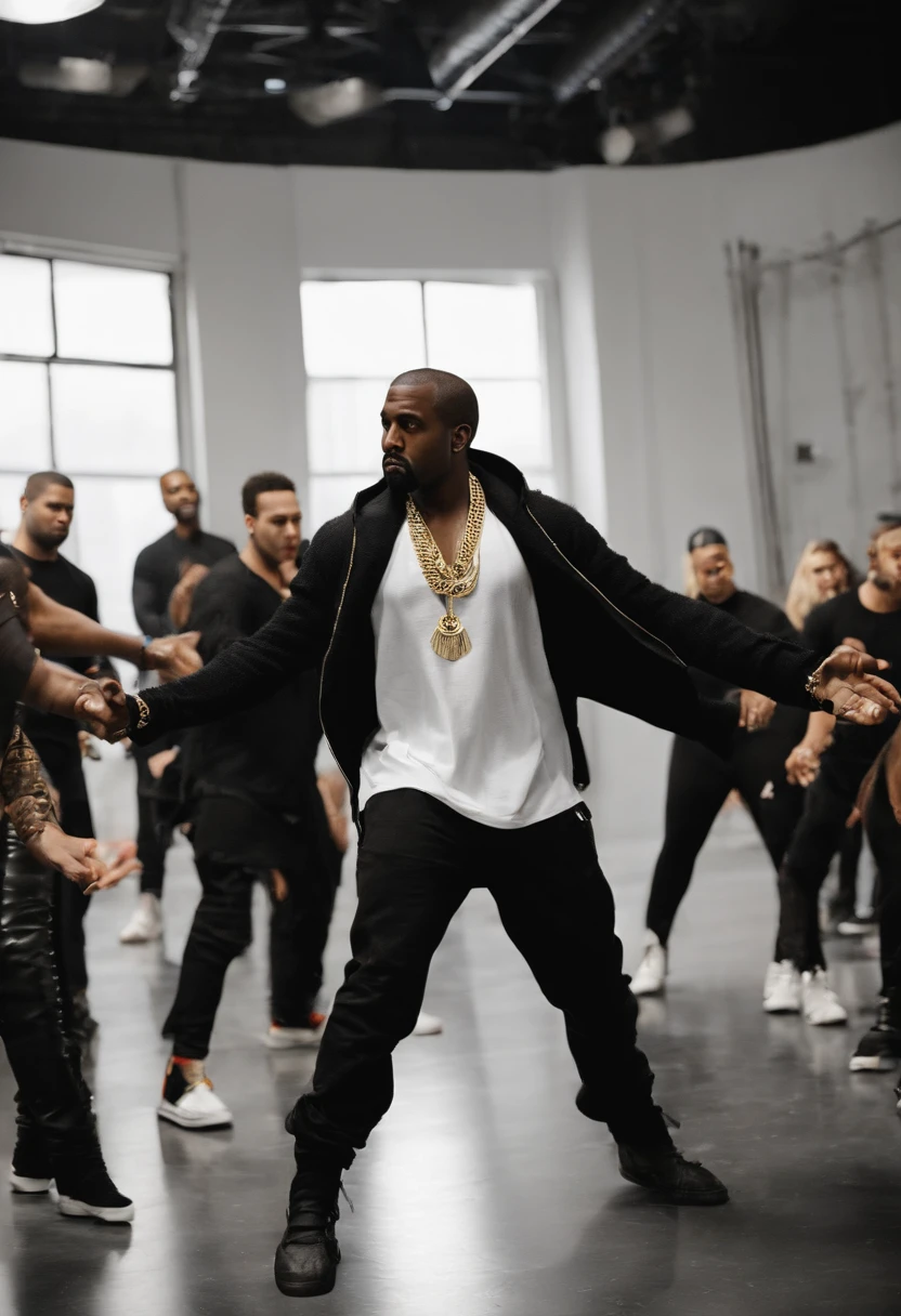 A photo of Kanye West rehearsing for an upcoming live performance, surrounded by a full band and backup dancers.,original,Kanye’s appearance is dynamic and fashion-forward, often experimenting with different styles and setting trends in the music and fashion industries. He possesses a passionate dedication to his craft, constantly pushing the boundaries of music, design, and art. West’s creativity is not just limited to his music; he has ventured into fashion and other entrepreneurial endeavors, showing a keen business acumen., male