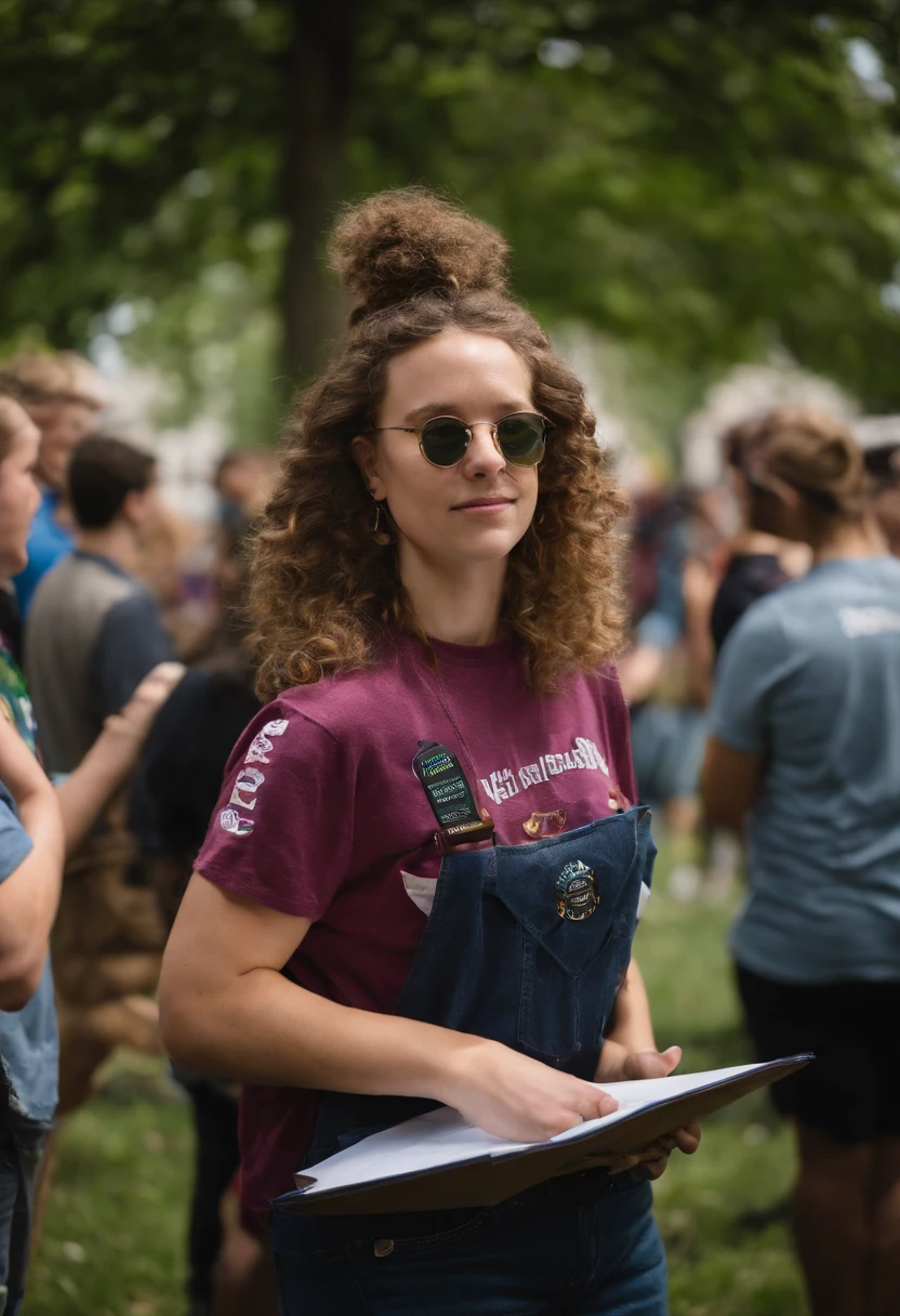A photo of Skyler holding a clipboard and talking to a group of people at a local climate change rally,original,Meet Skyler Green, a university student who prides themselves on being the epitome of wokeness, often seen sporting a collection of colorful protest T-shirts and a perpetually furrowed brow from the weight of the world’s problems. Skyler’s hair is a vibrant kaleidoscope of colors, changing weekly to reflect various causes, while their round, eco-friendly glasses have stickers from every activist group known on campus. , non-binary