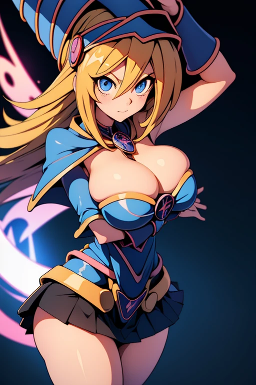 1woman, Dark Magician Girl (Yu-Gi-Oh) Hugging a Stuffed Black and White Pengin, cute Mini-skirt, Blond Hair,, blue Eyes, Nice breast, Hig details art, Magic Effects, 4k, 8k.