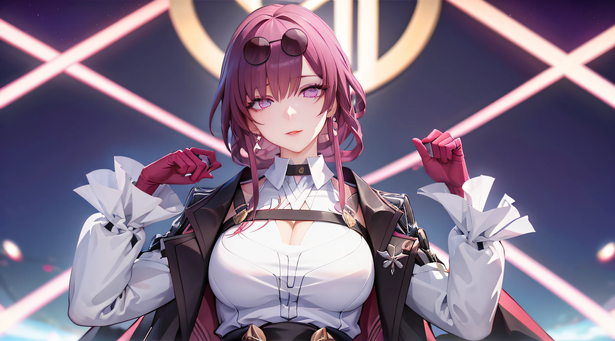 tmasterpiece, Best quality at best, 8K, One lady, 30 age old, Official, Two purple eyes, Purple colored hair, Business, gigantic cleavage breasts, cleavage view, cow boy shot, looking at viewert, Dark, (darkly), 电影灯光, rim-light, 詳細な目, (Pure love face_v1:0.5), looking at viewert, (realness: 1.2), provocation, Honkai Star Orbit, arrogant, bangs evil face, Fantasy Background, The left and right eyes are symmetrical