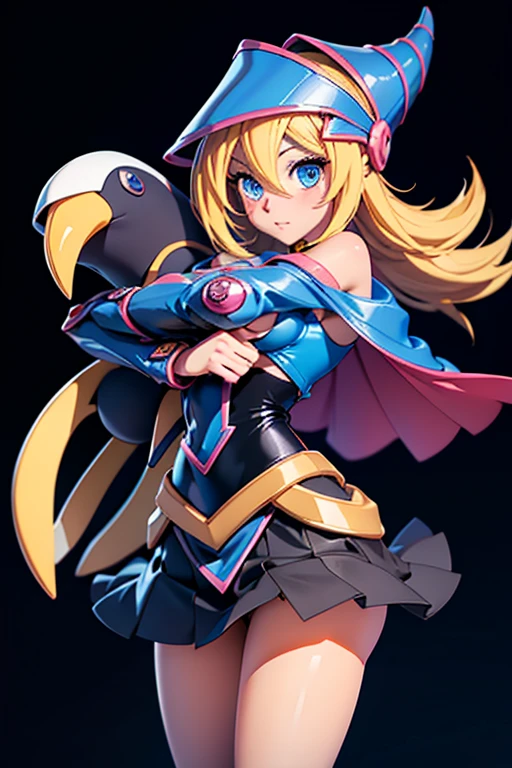 1woman, Dark Magician Girl (Yu-Gi-Oh) Hugging a Stuffed Black and White Pengin, cute Mini-skirt, Blond Hair,, blue Eyes, Nice breast, Hig details art, Magic Effects, 4k, 8k.