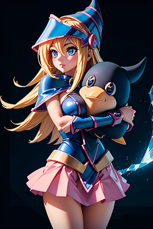 1woman, Dark Magician Girl (Yu-Gi-Oh) Hugging a Stuffed Black and White Pengin, cute Mini-skirt, Blond Hair,, blue Eyes, Nice breast, Hig details art, Magic Effects, 4k, 8k.