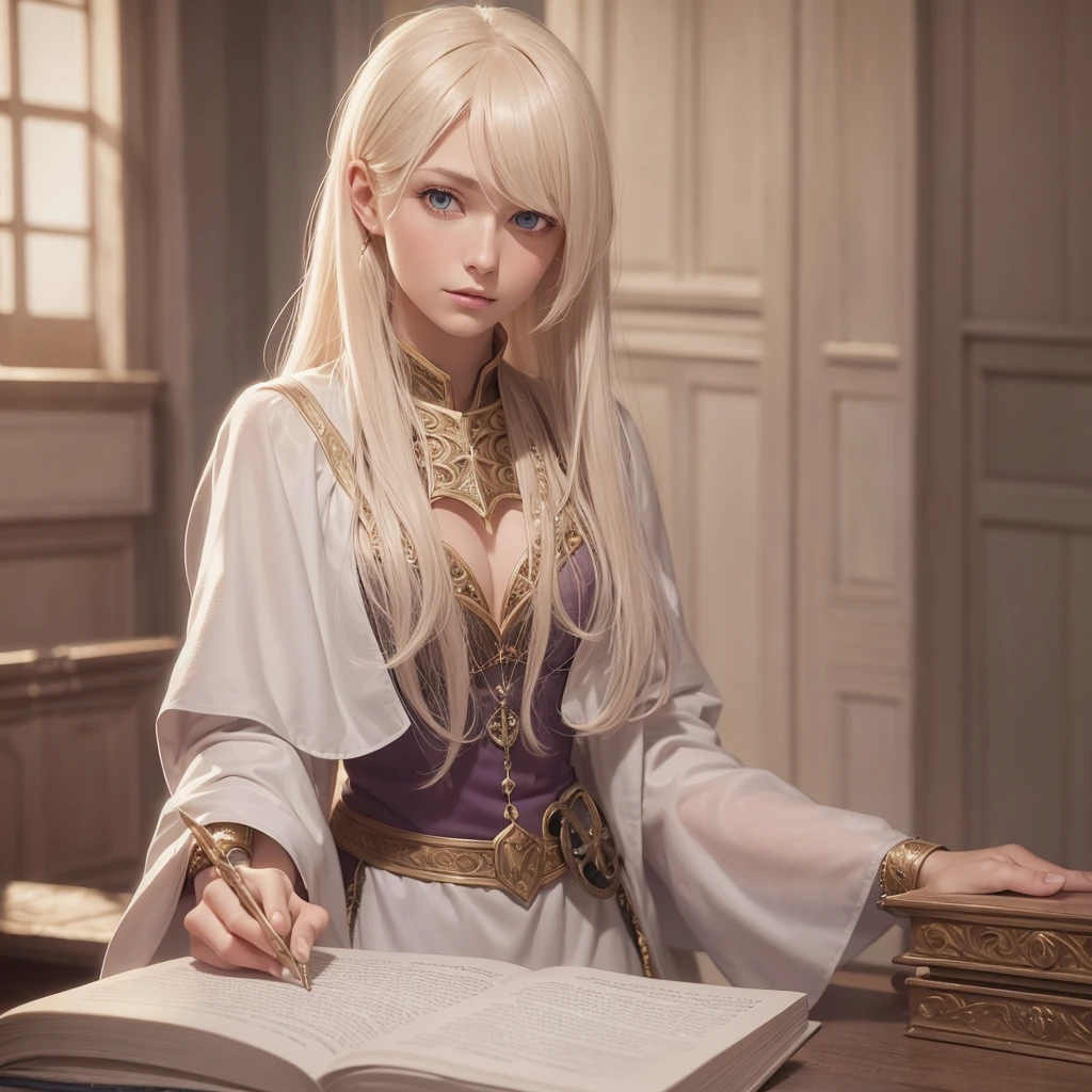 Noble blonde Swedish European twenty years old female adult, mage apprentice, fully nude, fair but not beautiful, weak, determined, confident, bratty in a magic academy, frail, proud