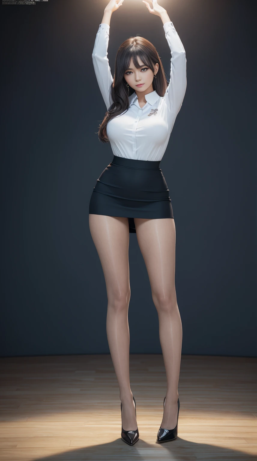 Elegant upper class elite secretary wearing business shirt, at park, Wear pantyhose、Wear high-end high heels、 Girl in shirt,, merchant, Wear a tight shirt and a tight miniskirt, Young woman in tight shirt, Original full body photo, (8K、top-quality、tmasterpiece:1.2)、(intricately details:1.4)、(真实感:1.4)、octane renderings、Complex 3D Rendering Ultra Detail, Studio soft light, Edge lights, vibrant detail, super detailing, realistic skin textures, Detail making, beautidful eyes, Very detailed CG Unity 16k wallpaper, Makeup - Makeup, (detailedbackground:1.2), Bare thigh heel!!!,huge round breasts,messy hair,Full body photo,(hands raised overhead:1.5)