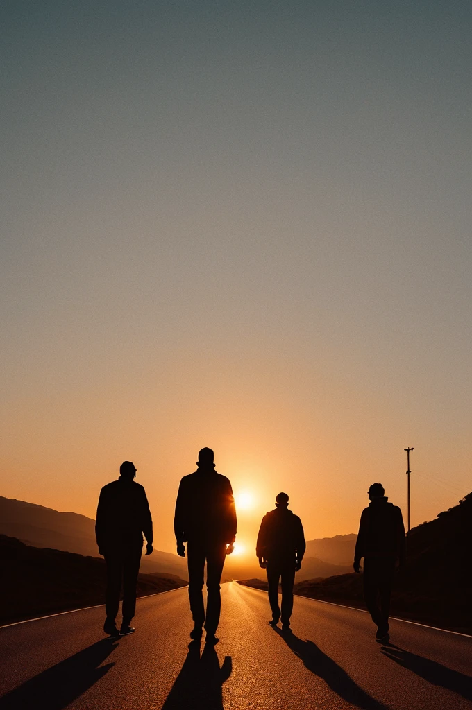 (3.5)  silhouette twenty men walking, dawn, wide and tranquil road scene, blurred background, dark colors, soft light, impressive realism, blue orange purple sky, hills