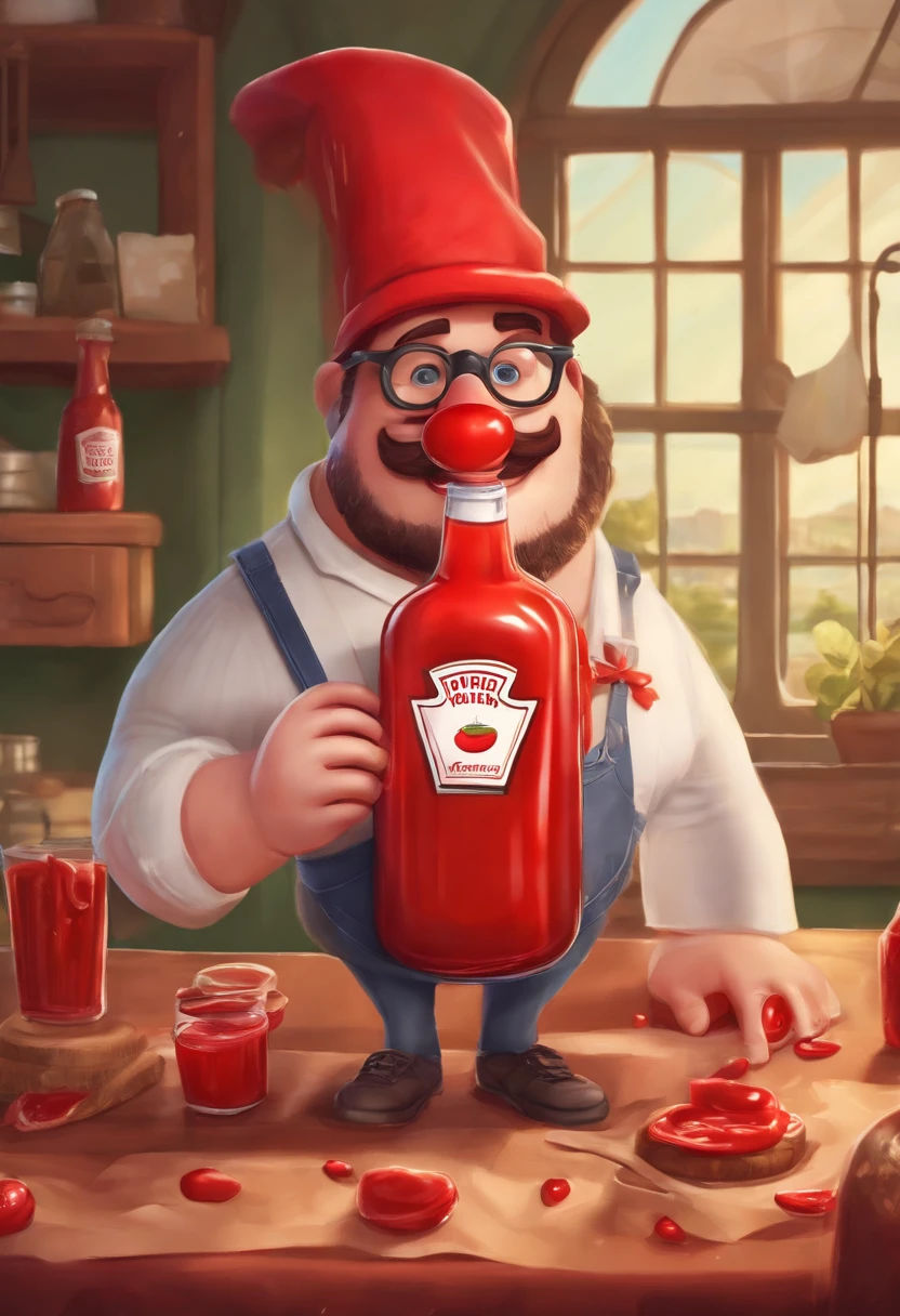 A selfie of the character holding a giant bottle of ketchup and wearing a homemade ketchup costume, complete with a hat shaped like a ketchup bottle.,original,Overweight, wears glasses, wears white tank top, ketchup stains, man, male
