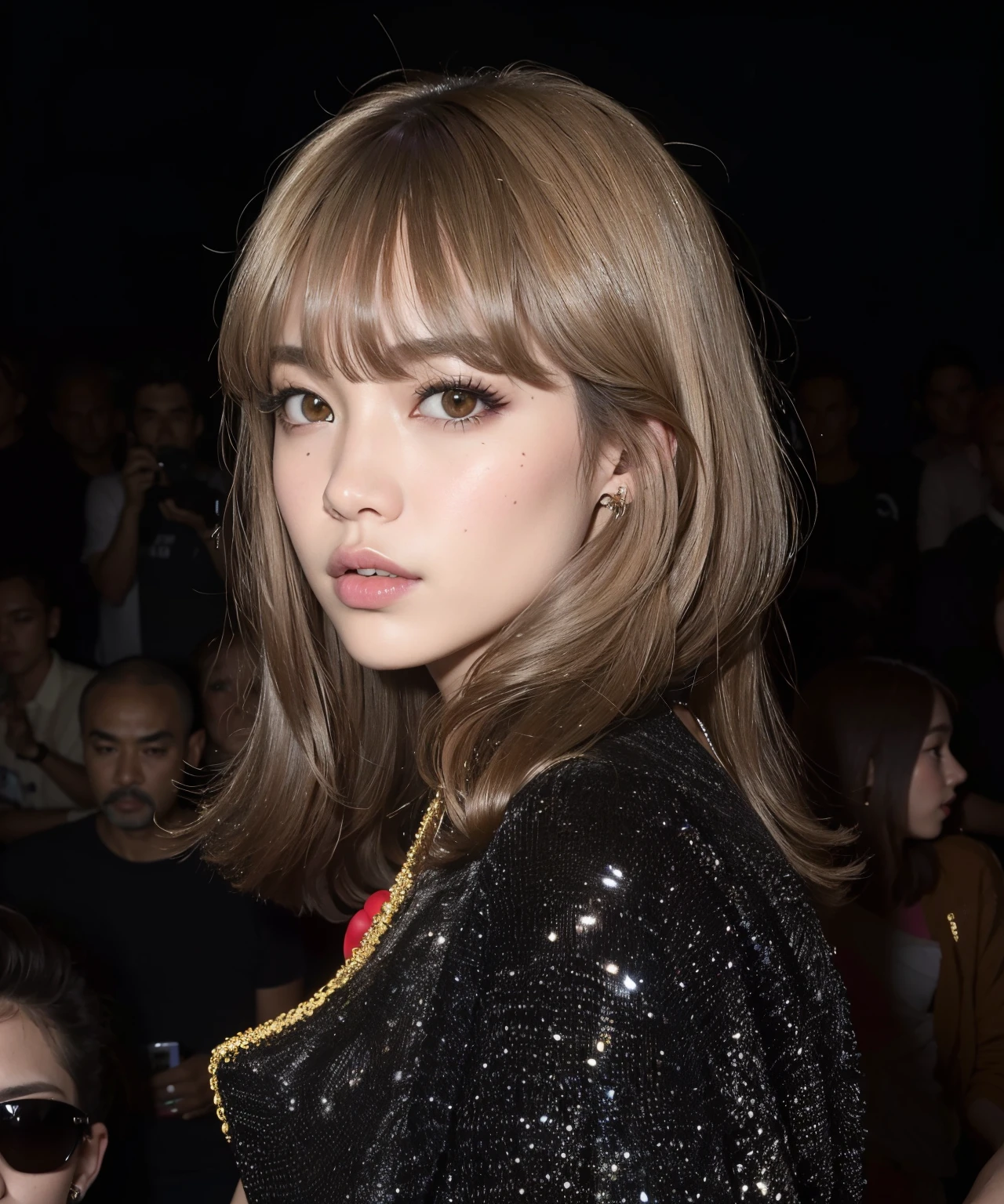 mulher arrasada com cabelos longos e franja em um desfile de moda, Lalisa Manoban do Blackpink, Lalisa Manobal, com franja completa, com franja, franja central separada, com uma franja marrom, franja completa, com franja, jossi do blackpink, Retrato de Jossi de Blackpink, franja fofa, franja contundente cai em sua testa lalisa manobal do blackpink