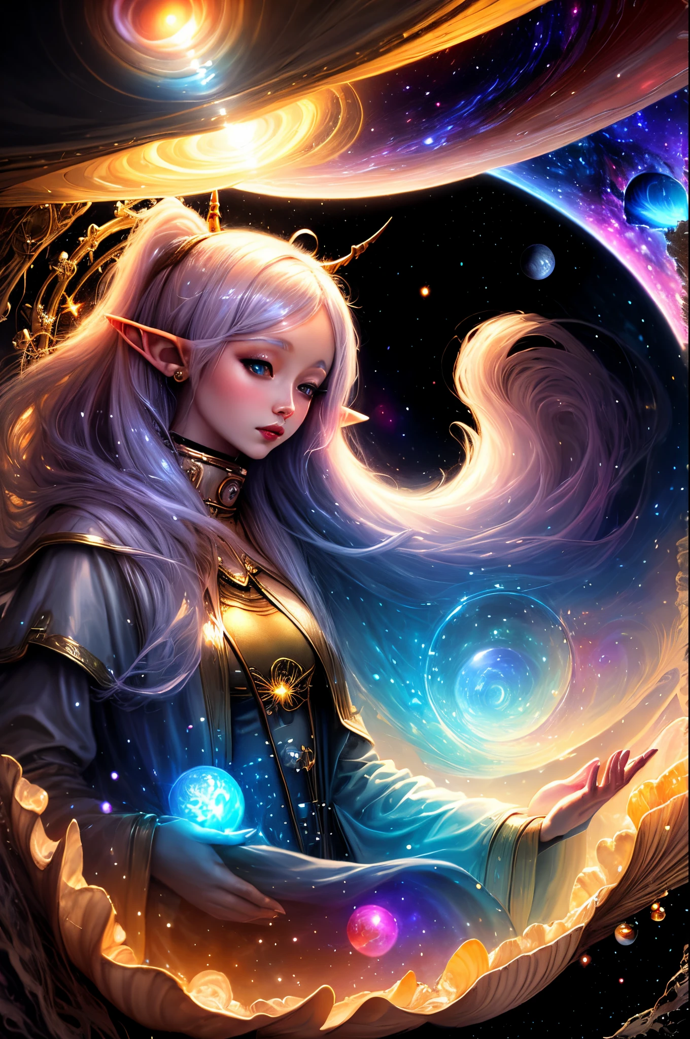 Frieren Elf Girl, (shimmering fur), celestial antennae, shell of wonder, planetary dreamscape, (cosmic enchantment), surreal artistry, vibrant and alien palette"