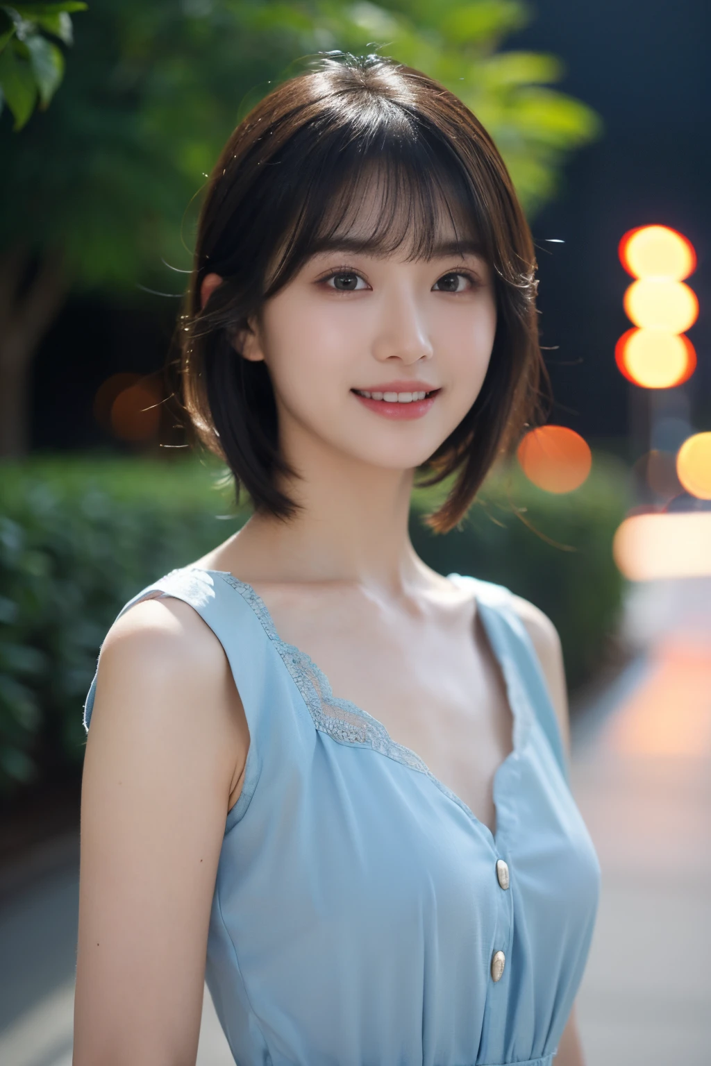 1girl in, (Wear a light blue dress:1.2), (Raw photo, Best Quality), (Realistic, Photorealsitic:1.4), masutepiece, Extremely delicate and beautiful, Extremely detailed, 2k wallpaper, amazing, finely detail, the Extremely Detailed CG Unity 8K Wallpapers, Ultra-detailed, hight resolution, Soft light, Beautiful detailed girl, extremely detailed eye and face, beautiful detailed nose, Beautiful detailed eyes, Cinematic lighting, (plein air:1.3), night lights, Perfect Anatomy, Slender body, Small, 
Straight short hair, Bangs, Looking at Viewer, A slight smil