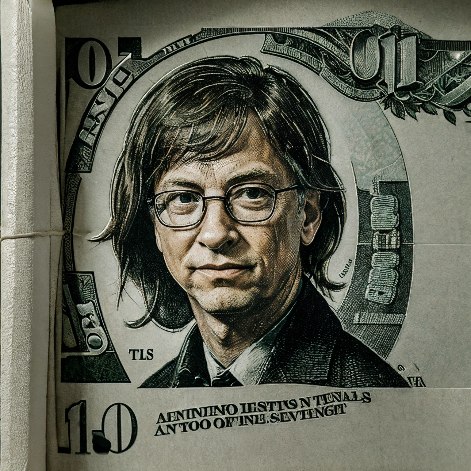 Bill gates on a dollar bill, concept art, 4k, line art