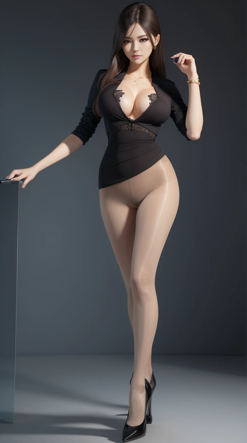 masterpiece, top quality, best quality, official art, beautiful and aesthetic:1.2), (1girl:1.3), dark brown hair in a huge ponytail, extremely detailed, ((((gigantic breasts, cleavage, skindentation)))), slim waist, slim hips, long legs, masterpiece, highest quality, realistic, 1 girl, I can see the cleavage, big ass, huge breasts, realistic beautiful legs, my breasts are huge, professional lighting, glowing skin, Full body photo including legs, full body shot, enormous breasts size, shiny pantyhose, high heels, wearing micro bikini, topless, hard nipples, heavy makeup, oil on body, studio shot, legs close to each other, cameltoe, thin waist, lean legs，pretty legs, naked top, topless, breast out, full body shot, visible feet, studio, octane render, enormous breasts out, topless, enormous breasts, art reference, A-pose, side view, reference to artist to create 3D model, 3d artist reference, streight legs, topless, naked