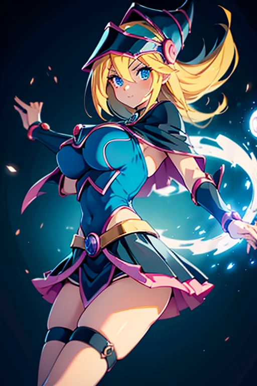 1woman, Dark Magician Girl (Yu-Gi-Oh) Hugging a Stuffed Black and White Pengin, Cute Mini-skirt, Blond Hair,, blue Eyes, Nice breast, Hig details art, Magic Effects, 4k, 8k.