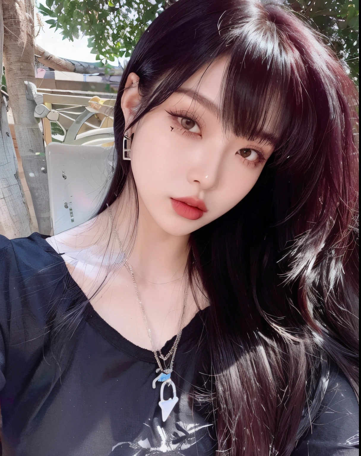 um close up de uma mulher com cabelos longos vestindo uma camisa preta, cruel korean goth girl, Ela tem cabelo preto com franja, Ulzzang, com cabelos longos e olhos penetrantes, com franja, Jinyoung Canela, com franja completa, 1 7 - - old me goth girl, cabelo blackbangs cabelo, Dom Yunjoo, Menina anime na vida real