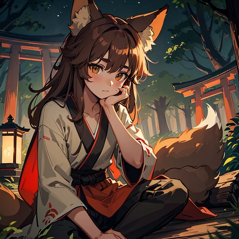 Masterpiece, hiquality, 1boy, half-kitsune, Fluffy brown hair, only fox ears, no human ears, grey-green-brown eyes, Red fox ears, red tail, brown hair, red spots on the face, sitting in the dark forest, torii,