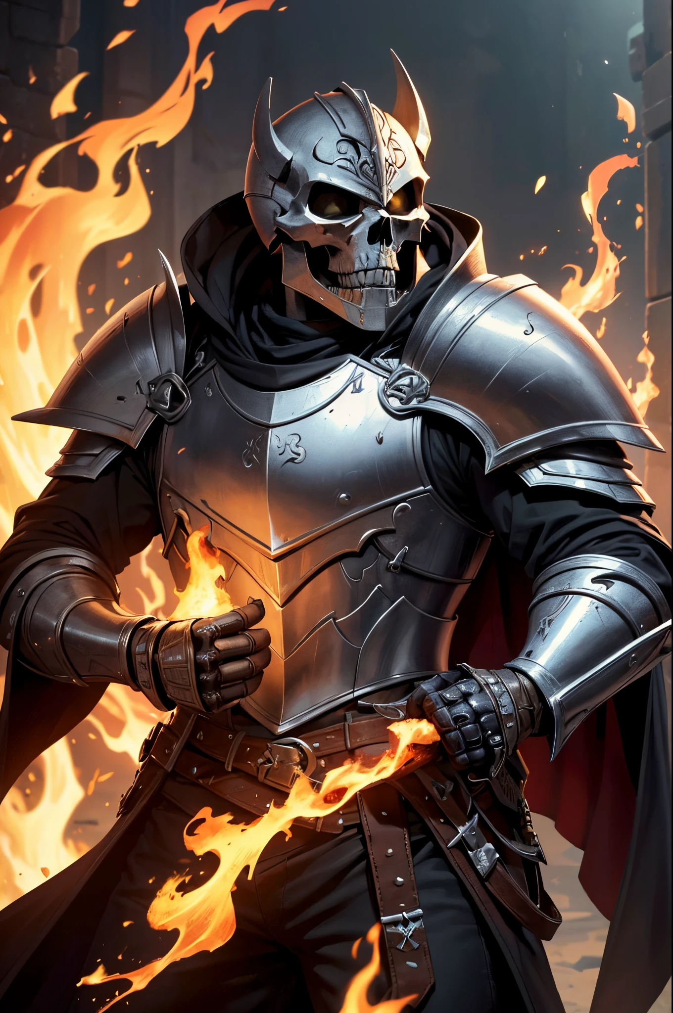 (best quality:1.2,8k,highres,masterpiece:1.2),Knight,skull mask,Bone armor,fire magic in hands