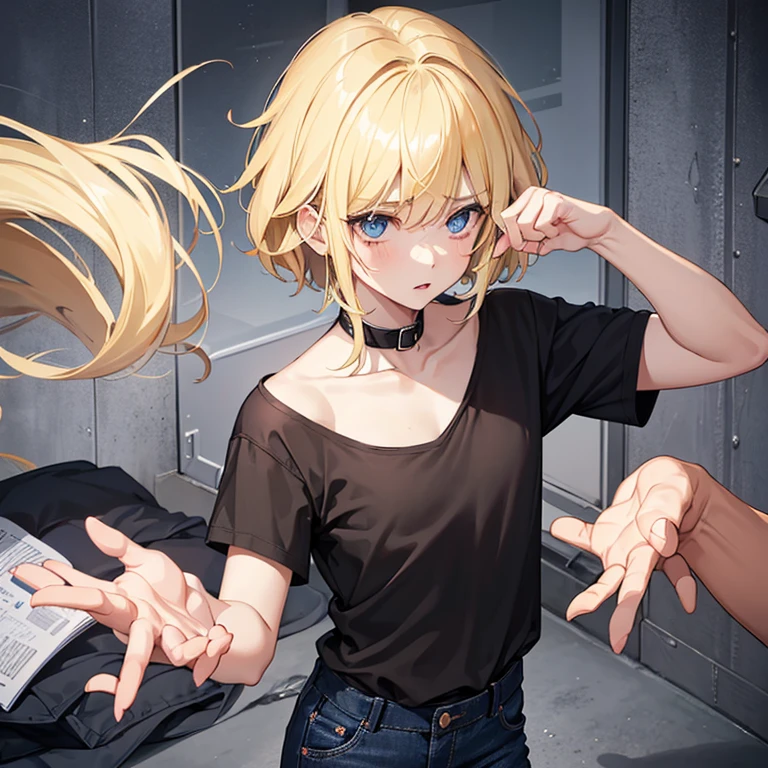 A boy halfway in transforming into a blonde girl, scared look, black shirt, blue jeans, girl variants of clothing, serounded by boys