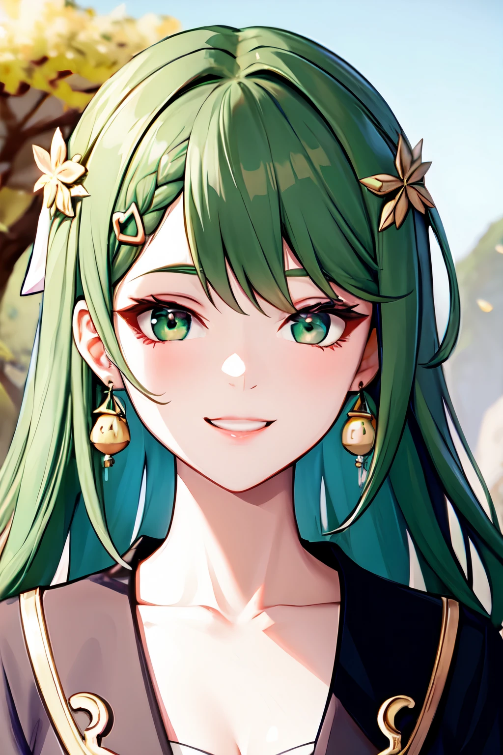 cute, masterpiece, best quality, 1girl, solo, jewelry, 80% brown hair, hair ornament, hairclip, looking at viewer, portrait, medium length hair, half braided hair, luminescent cave background, happy, bangs, virtual youtuber, green eyes, hair ribbon, hair decoration, smile, mushroom earrings, genshin impact, 20% dark green hair blend, dendro
