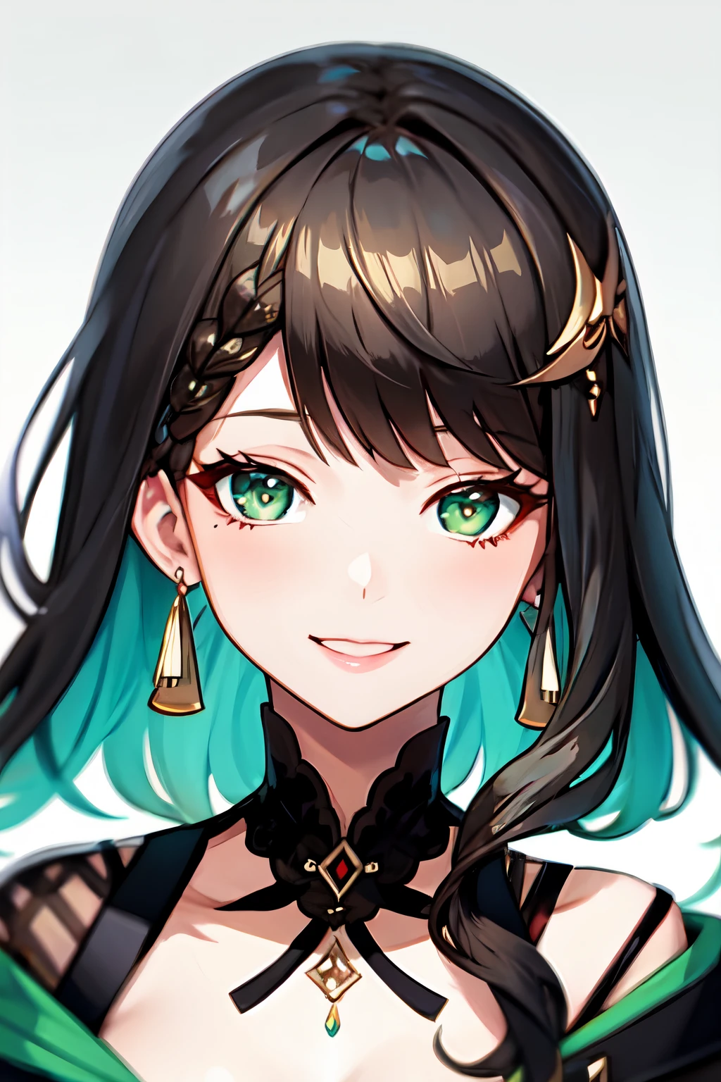 cute, masterpiece, best quality, 1girl, solo, jewelry, 80% brown hair, hair ornament, hairclip, looking at viewer, portrait, medium length hair, half braided hair, luminescent cave background, happy, bangs, virtual youtuber, green eyes, hair ribbon, hair decoration, smile, mushroom earrings, genshin impact, 20% dark green hair blend, dendro