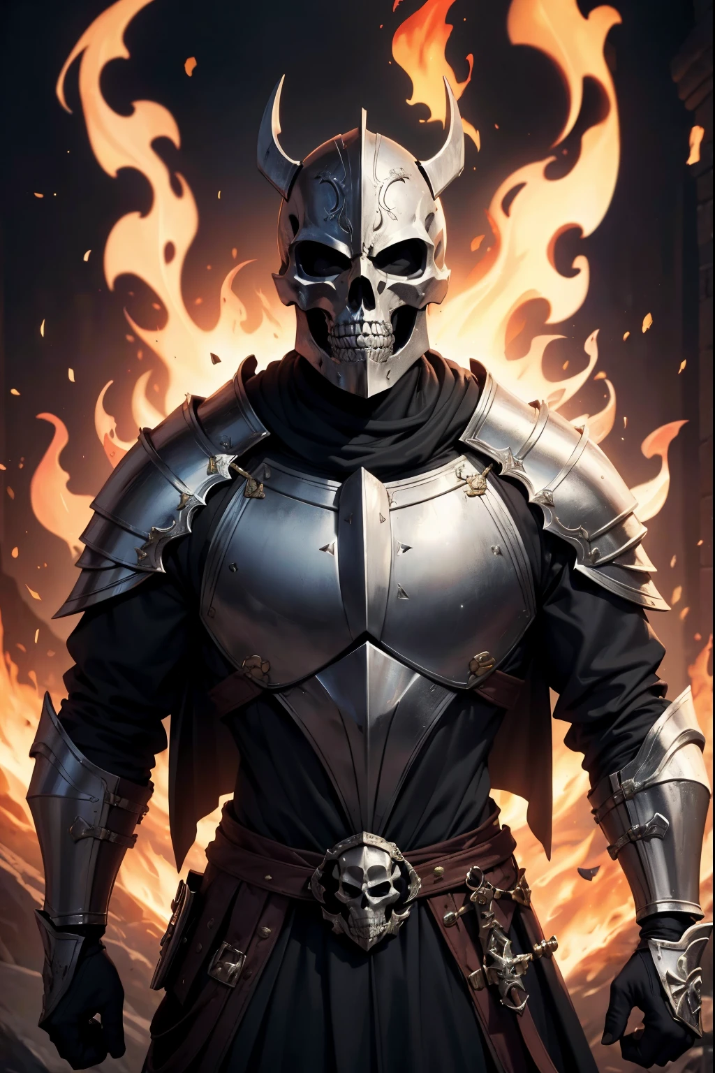 (best quality:1.2,8k,highres,masterpiece:1.2),Knight,skull mask,Bone armor,fire magic in hands