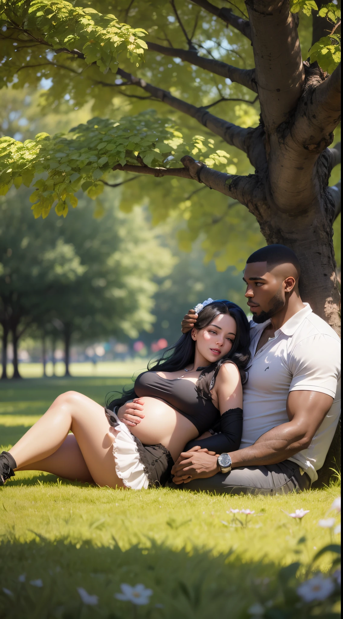 a black man and a white girl happy about their first pregnancy lying in the park during the day -- HD , Disney style, 3D Style -- no People --auto --s2