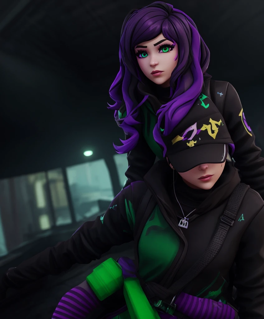 Fortnite skin with black purple hair and green eyes