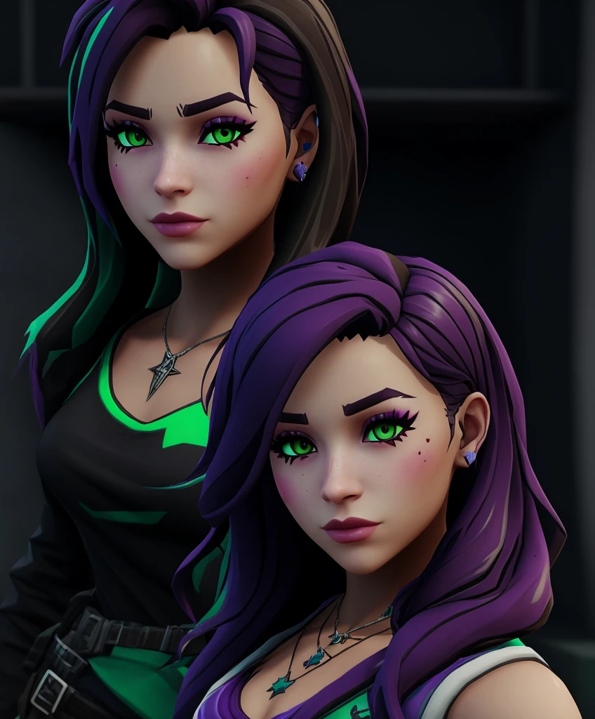 Fortnite skin with black purple hair and green eyes