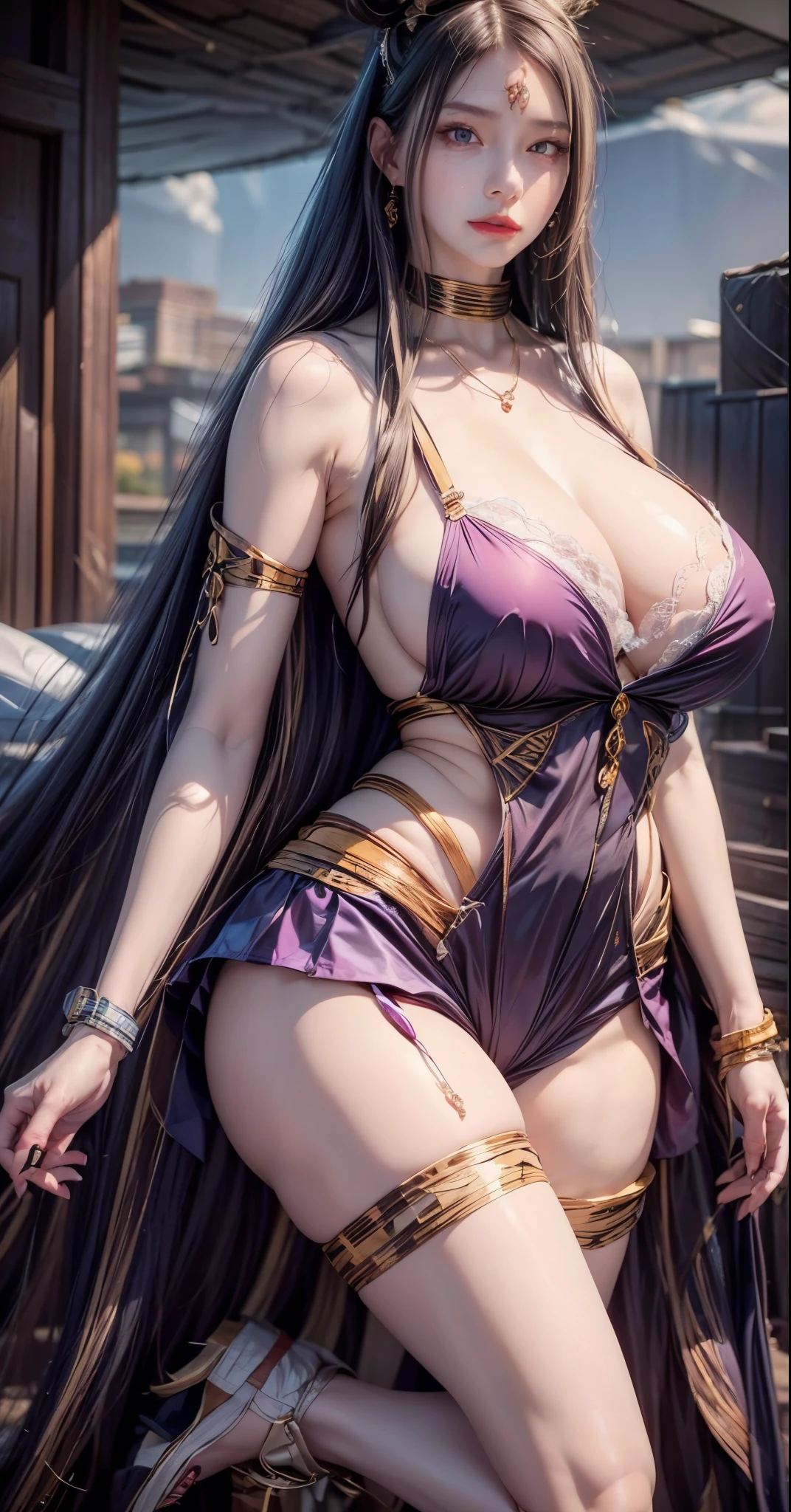 realistic, 1 women, best quality, 12k, HD, long hair, big round breasts, cleavage, ponytail, necklace, jewelry, shorts, short jacket, slim hips, hair tie, yellow eyes, black hair, super detailed, Eye details, hair details, person details, mouth details, face details, breast details, clothes details, hair details, pants details, hand details, whole body