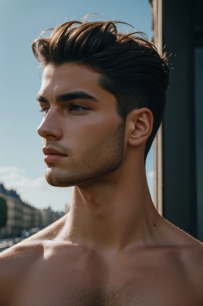 Portrait of a super model in Paris, Greek profile, aesthetic, shirtless, handsome, very attractive man, young man, young European man, Caucasian, photo shoot in Paris, Paris Fashion Week, high quality, hyper realistic, 4k, realistic, backlighting, colors hyper realistic lifelike texture, trending on artstation cinestill 800 (vignette:1. 3), filmgrain, artistic photography, perfect composition, beautiful detailed, cinematic perfect light