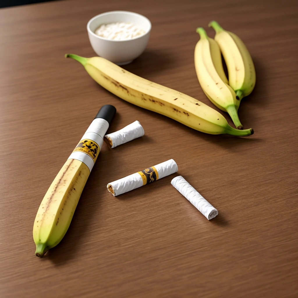 picture of a banana and a cigarette next to each other on a dinning room table