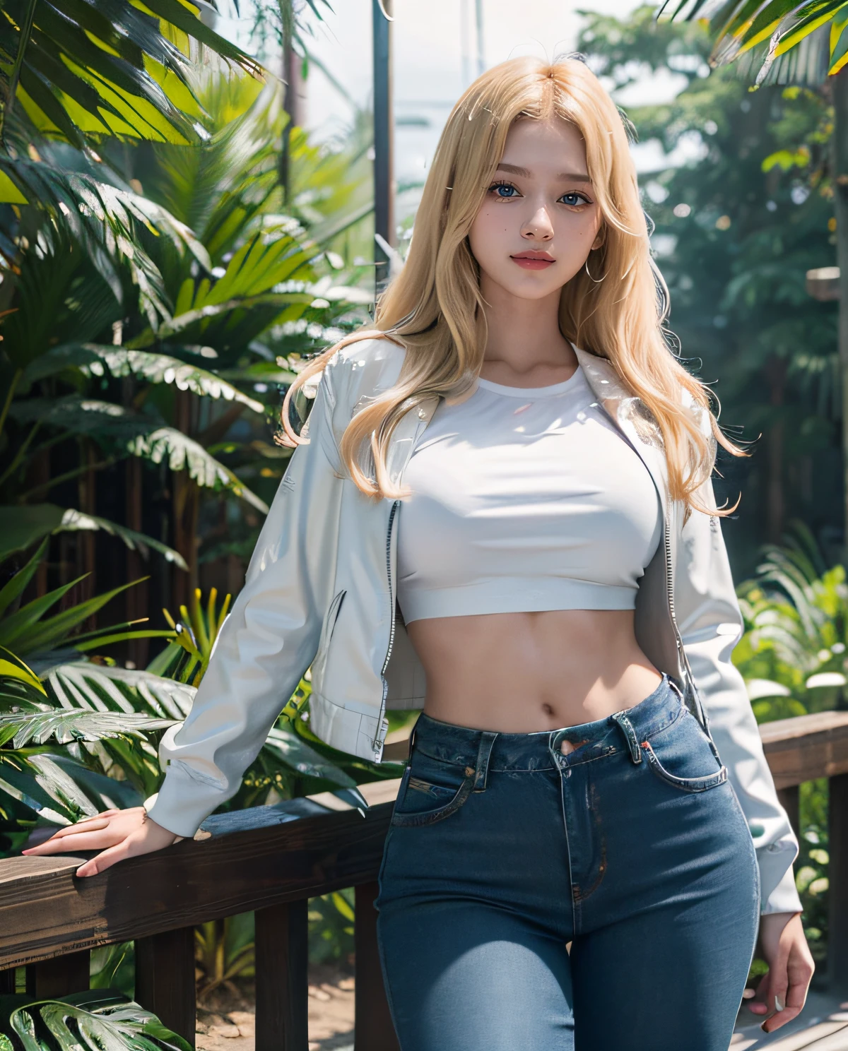 1 chica, (ojos azules), (Sonrisa), (Sana Minatozaki), (Caderas anchas), tetas grandes, (gran culo), (Mejor calidad, 8k, obra maestra: 1.3), manos perfectas, Enfoque claro: 1.2, Belleza del cuerpo perfecto: 1.4, ABS fuertes: 1.2, Textura de cara y piel muy detallada., ojos detallados, double eyelids, (pelo largo rubio), (Camiseta negra con escote), (vaqueros), de pie, dynamic pose, en campo abierto, mountains in the distance
