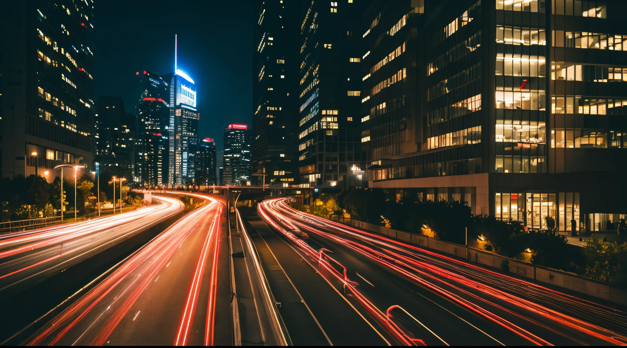 (light trail photography:1.3), (car taillights), many tail light lines, (tail light line art), winding Urban road:1.3, camera in manual mode, ND16 filter, F/8, ISO100, (150 seconds long exposure), Photographed from above, breathtakingly beautiful lights, complex, (Masterpiece), (Best Quality), (Ultra high Detailes), (Photorealistic:1.3), modern city, high rise buildings in the background