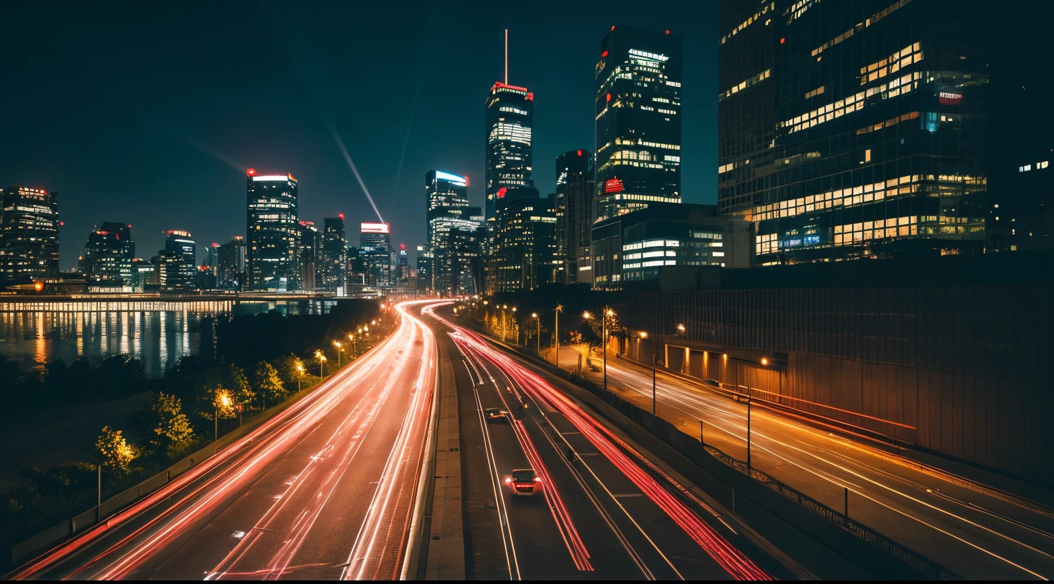 (light trail photography:1.3), (car taillights), many tail light lines, (tail light line art), winding Urban road:1.3, camera in manual mode, ND16 filter, F/8, ISO100, (150 seconds long exposure), Photographed from above, breathtakingly beautiful lights, complex, (Masterpiece), (Best Quality), (Ultra high Detailes), (Photorealistic:1.3), modern city, high rise buildings in the background