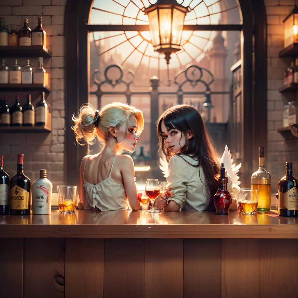 2 womans, the main one with angel wings and a bored expression, the second with demon wings and an expression of happiness, both at a bar counter full of half-empty bottles of vodka, luz do por do sol --auto --s2