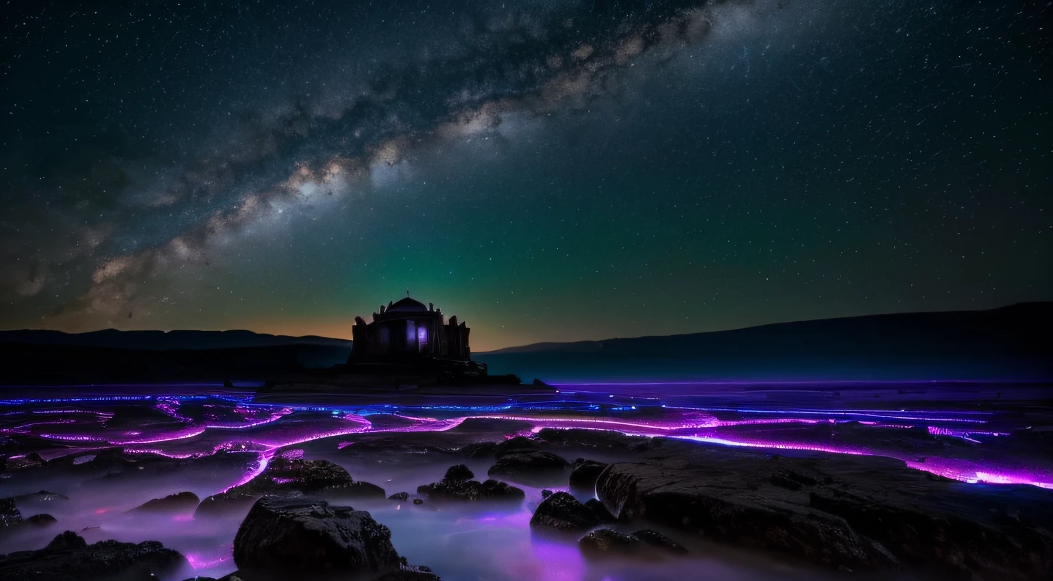 Transport your audience to the forefront of a celestial temple, situated on a vast rocky plain that resembles the Moon or Mercury. The ground below is a rugged expanse, a mosaic of ash that stretches as far as the eye can see.

Direcione seu olhar para cima, into a darkness, sky full of stars - every star shining, vivid tones. Imagem azul safira, vermelhos rubi, verdes esmeralda, e amarelos dourados, adorning the heavens like a celestial tapestry. This lunar or mercurial sky is a canvas of colors, casting a radiant glow over the rocky terrain.

At the forefront of this rocky plain stands a celestial temple. Your silhouette is outlined against the dark sky, banhado no brilho colorido das estrelas. A arquitetura, at once intricate and mystical, appears to absorb and reflect cosmic hues, creating a captivating interplay of light and shadow.

Immerse your audience in the solitude and beauty of this lunar or Mercurian landscape, onde o templo celestial emerge proeminentemente contra o solo cinzento. Let your narrative invite viewers to experience the serenity of this heavenly sanctuary, anchored at the forefront of the rocky plain, under the awe-inspiring spectacle of a dark sky adorned with stars of every color imaginable.