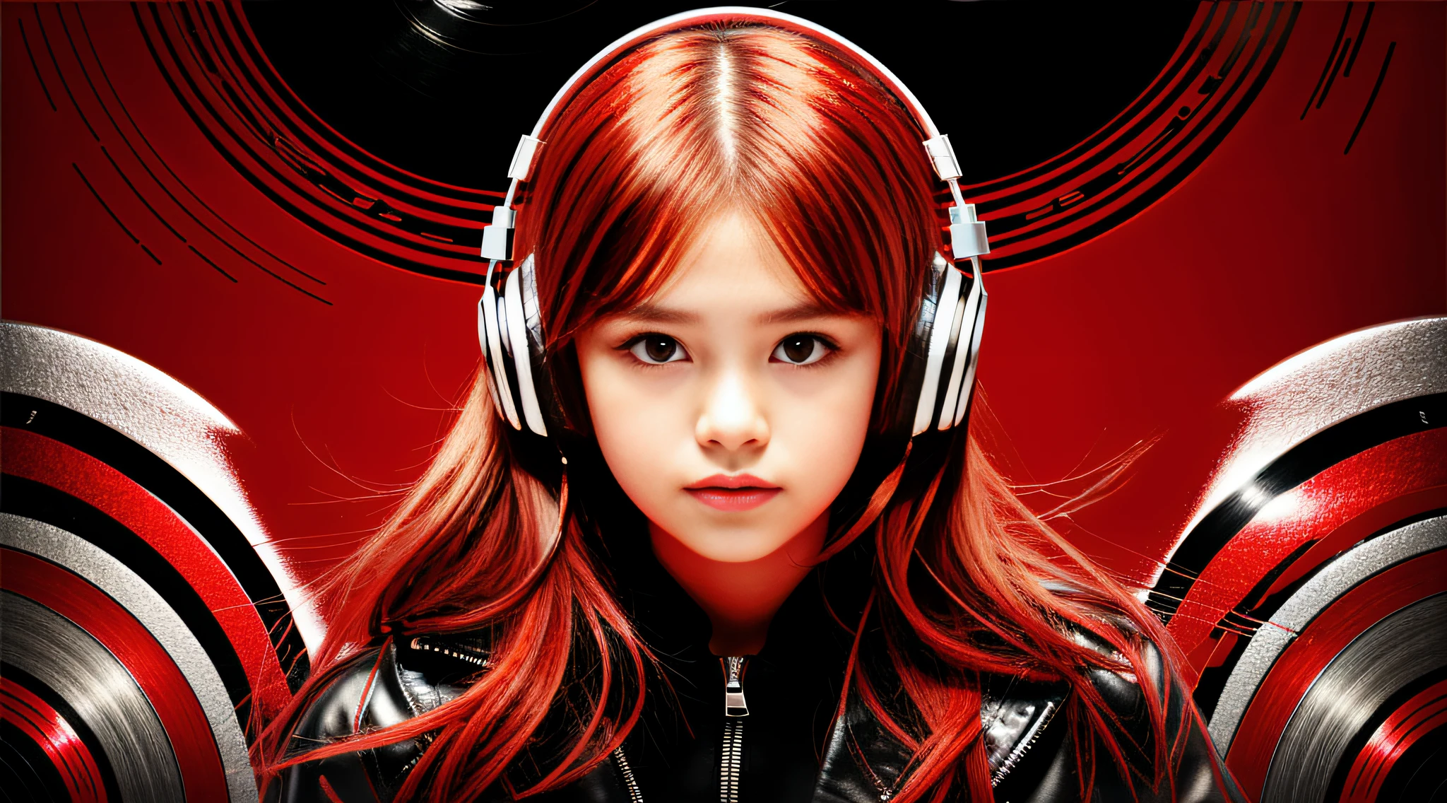 GIRL child 12 years old, RUSSIAN BLONDE long hair and headphones, portrait, SILVER LEATHER JACKET, VINYL AND CDS red background.