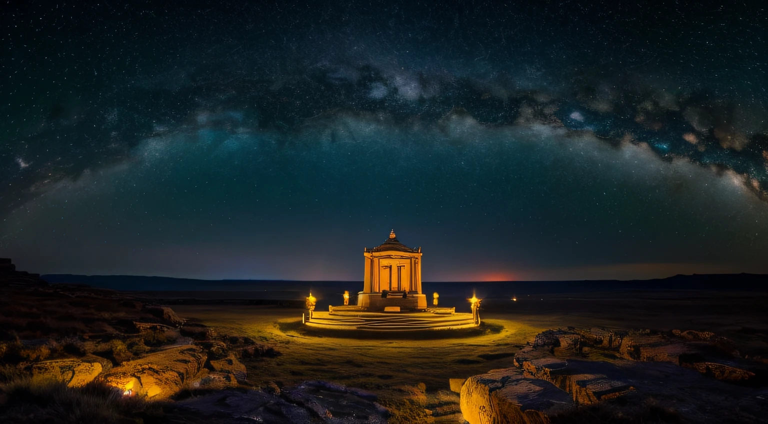 Transport your audience to the forefront of a celestial temple, situated on a vast rocky plain that resembles the Moon or Mercury. The ground below is a rugged expanse, a mosaic of ash that stretches as far as the eye can see.
Direcione seu olhar para cima, into a darkness, sky full of stars - every star shining, vivid tones. Imagem azul safira, vermelhos rubi, verdes esmeralda, e amarelos dourados, adorning the heavens like a celestial tapestry. This lunar or mercurial sky is a canvas of colors, casting a radiant glow over the rocky terrain.
At the forefront of this rocky plain stands a celestial temple. Your silhouette is outlined against the dark sky, banhado no brilho colorido das estrelas. A arquitetura, at once intricate and mystical, appears to absorb and reflect cosmic hues, creating a captivating interplay of light and shadow.
Immerse your audience in the solitude and beauty of this lunar or Mercurian landscape, onde o templo celestial emerge proeminentemente contra o solo cinzento. Let your narrative invite viewers to experience the serenity of this heavenly sanctuary, anchored at the forefront of the rocky plain, under the awe-inspiring spectacle of a dark sky adorned with stars of every color imaginable.
