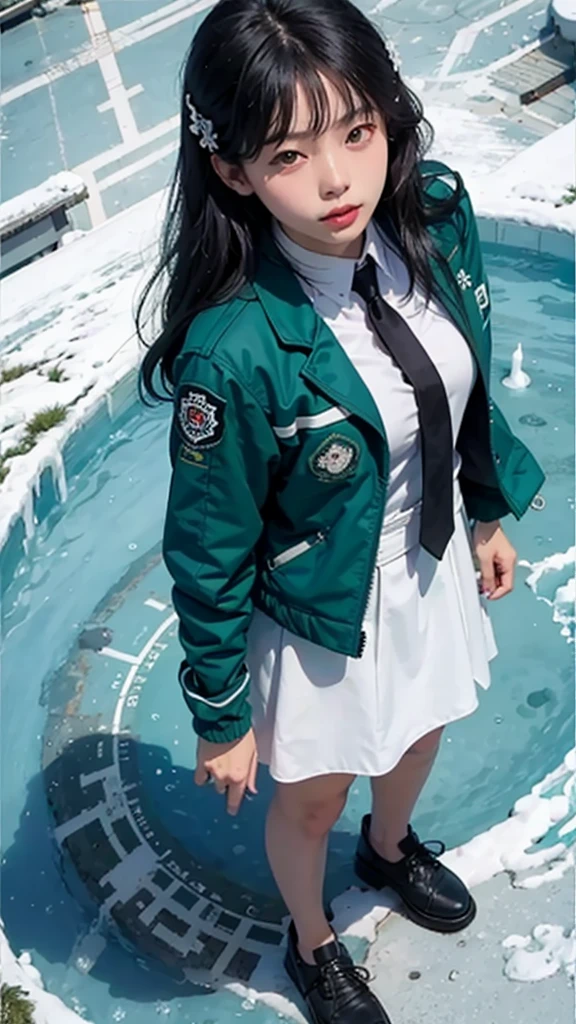 ShibaMiyuki, hair ornament, school uniform, black necktie, white dress, green jacket, long sleeves, open jacket, high heels, ice, magic circle, ((view from above:1.3))