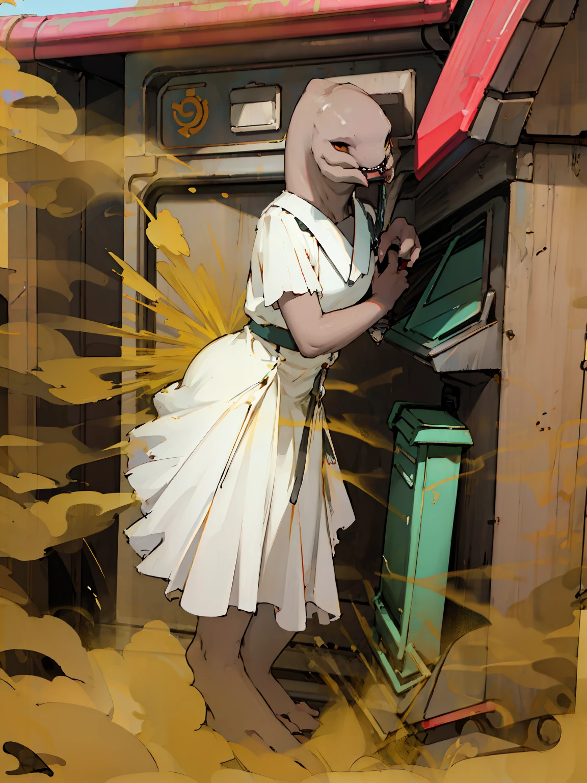 ((masterpiece, best quality)),a sangheili, solo, dress, standing, alley, outdoors, white dress, industrial pipe, looking at viewer, air conditioner,dark lighting, garbage, garbage bin, fart, farting, hxh2011