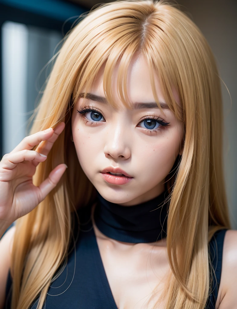 mujer coreana rubia alta con ojos azules
