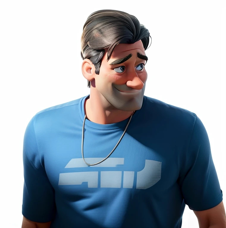 Jon Hamm, Cartoons in orange shirt and black pants, arms crossed, olhando para frente e sorrindo com os dentes aparecendo;
