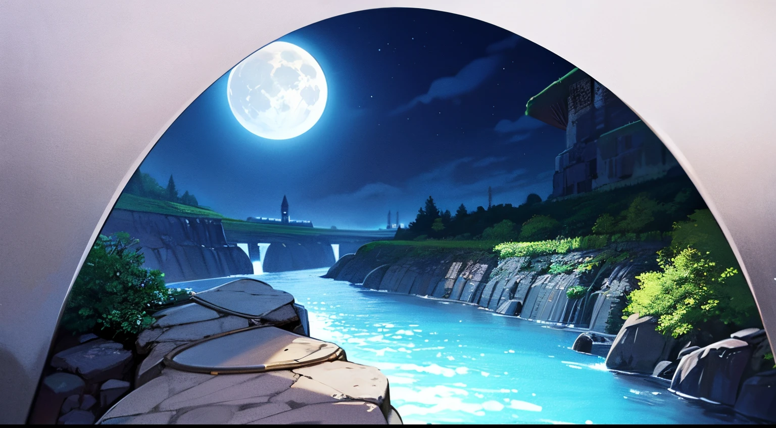 cliff, full moon in the sky, river